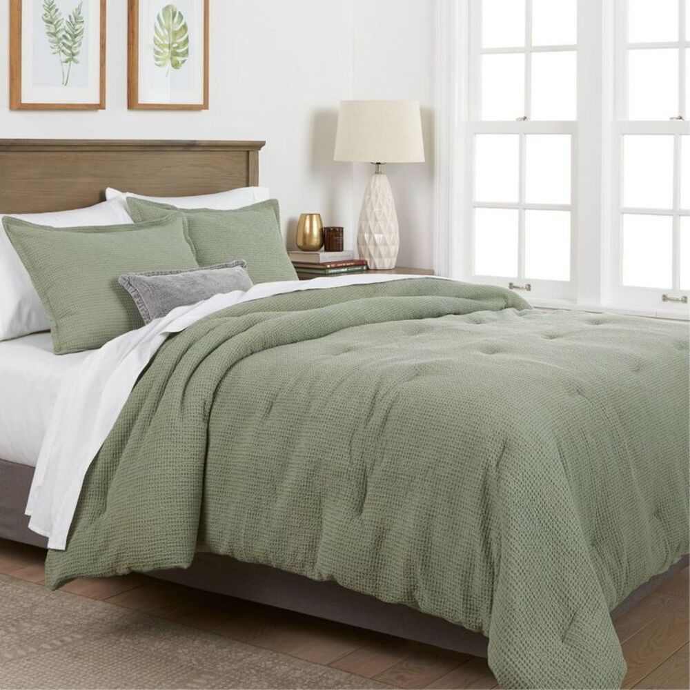 3pc King Washed Waffle Weave Bedding Comforter Set - Sage Green